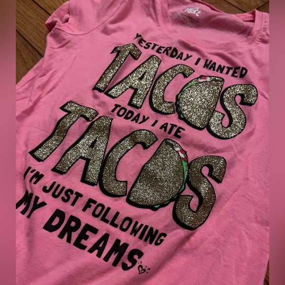 Justice 💕 Girls Taco 🌮 Tee Size 12 Hot Pink Neon Glitter T. Shirt - Picture 4 of 10